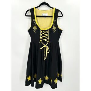 DIRNDL.COM Black Yellow German Floral Embroidered Lace Up Octoberfest Dress 38